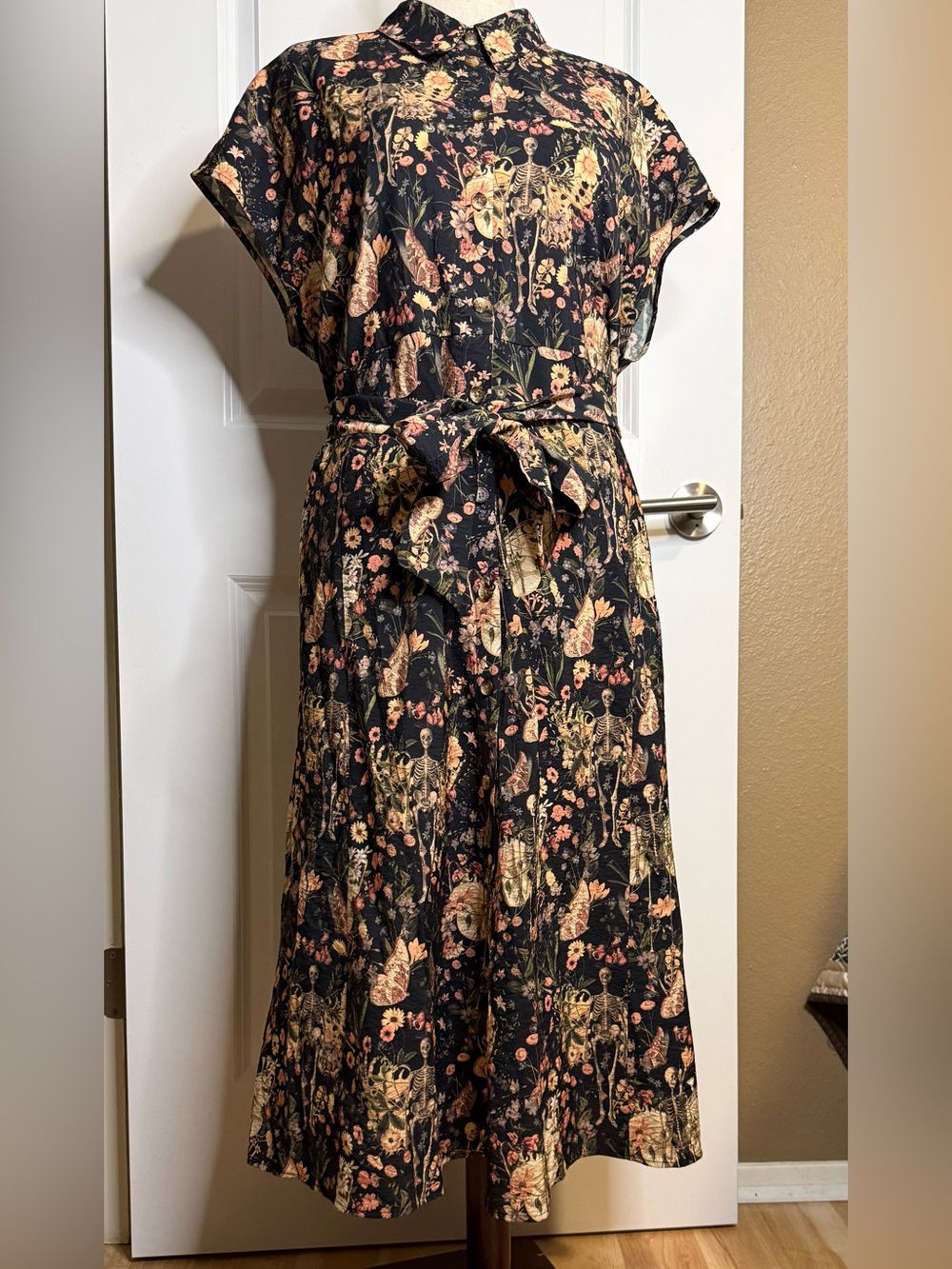 NWT Disturbia Goth Pixie Skeleton Floral Tie-Waist Midi Shirt Dress US12 - Picture 5 of 12